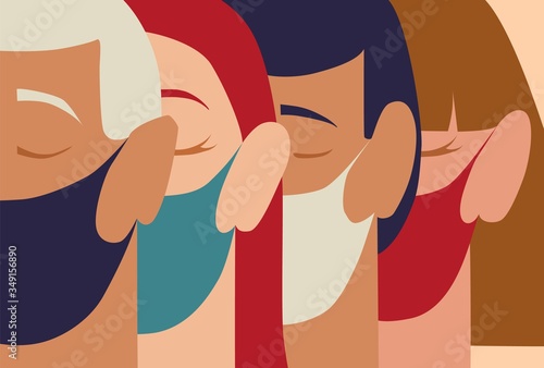 People in protective medical face masks. Men and women wearing protection from virus, urban air pollution, smog, vapor, pollutant gas emission. Vector illustration.
