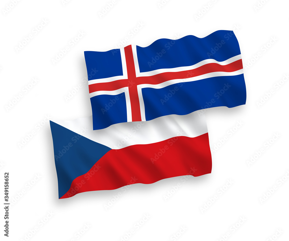 Fototapeta premium National vector fabric wave flags of Czech Republic and Iceland isolated on white background. 1 to 2 proportion.