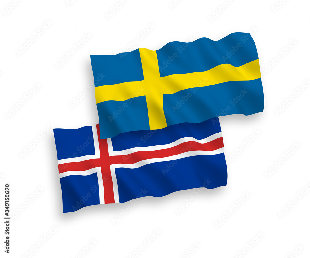 National vector fabric wave flags of Sweden and Iceland isolated on white background. 1 to 2 proportion. National vector fabric wave flags of Sweden and Iceland isolated on white background. 1 to 2 proportion.