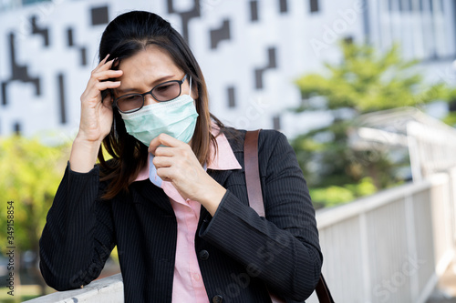  Woman wearing protective face masks coughing, wearing mask protection against flu prevent Coronavirus and anti-smog. New coronavirus 2019.