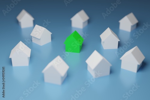 Roofed house among blue roofed houses for real estate property industry. 3D rendering. 3D illustration