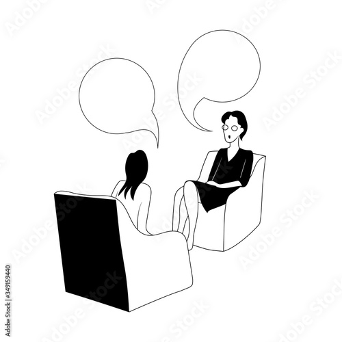 Two women sit on chairs and talk with bubbles. Black and white vector illustration.