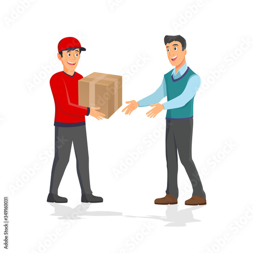 Man getting package from courier. Cartoon people characters. Young smiling man dressed in working uniform. Delivery service. House facade.