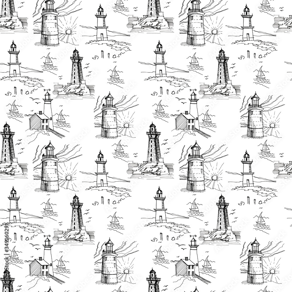 Obraz premium Seamless pattern with lighthouses. Graphic hand-drawn illustration. Print, textile, paper, background. Vintage, retro, doodle, sketch style. Line, contour, silhouette. Sea, ocean, travel, islands.