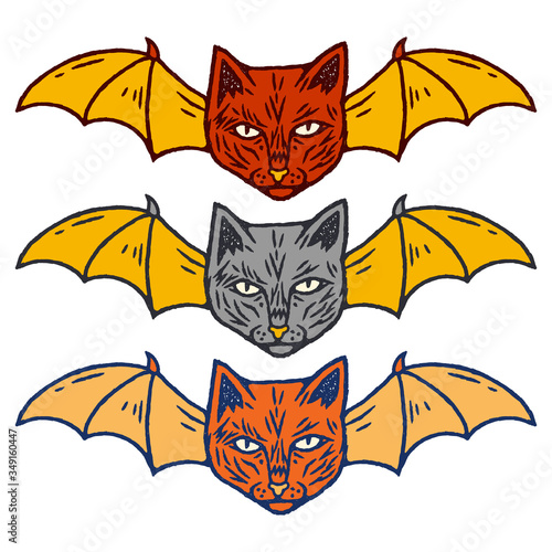 Cat with Bat Wings Set. Occult Cat Set Cartoon Style. Occultism. Esoteric Sign Alchemy. Occult Cat Set on white background isolated. Stock Vector Illustration. Cartoon style. 