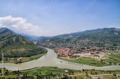 View to confluence Aragvi and Mtikvari rivers and town of Mtsheta from Jvari church. Georgia photo