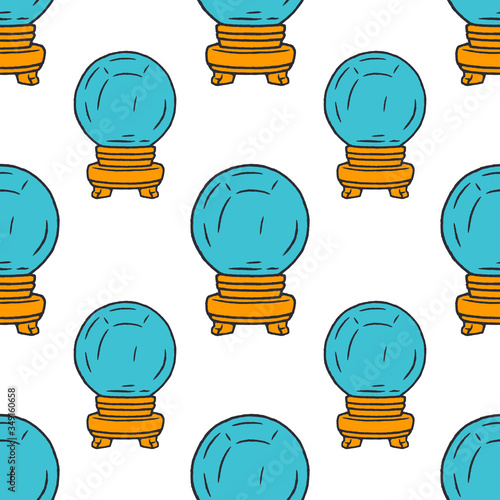 Crystal Ball Seamless Pattern. Occultism Seamless Pattern. Magic Fortune Telling. Crystal Ball Seamless Pattern on white background isolated. Stock Vector Illustration. Cartoon style.