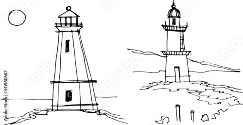 pattern with lighthouses. Graphic hand-drawn illustration. Print, textile, paper, background. Vintage, retro, doodle, sketch style. Line, contour, silhouette. Sea, ocean, travel, islands.