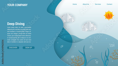 Under water landing page. Vector landing page with coral seaweed sun and clouds.