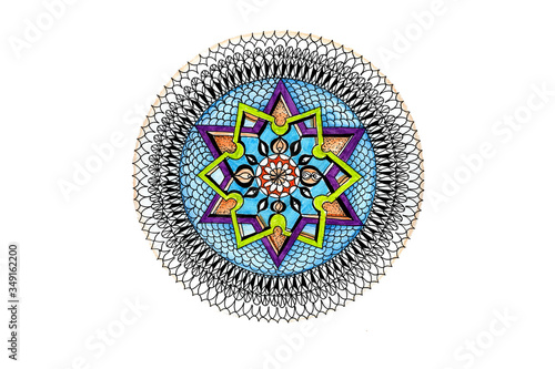 mandala, antistress, oriental abstract ornament. Color illustration of a graphic hand drawn. Print, textiles, tattoo, stylization. composition in a circle, symmetrical, geometry. Yoga, meditation, Ind