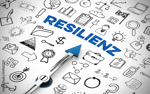 Resilienz als Ziel auf Kompass mit Business Icons