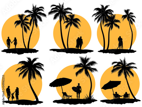 Set of people looking at sunset on the beach. Сollection of silhouettes of people holding hands against the backdrop of the sun. Summer romantic vacation. Vector illustration on a sunset background.