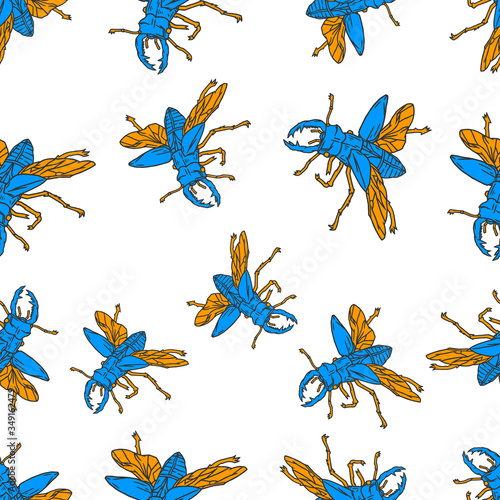 Rhinoceros Beetle Seamless Pattern. Bug Seamless Pattern on white background isolated. Stock Vector Illustration. 