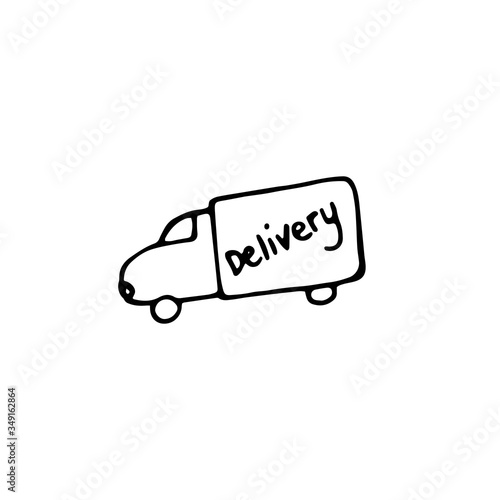 Single delivery truck icon. Simple van sign. Doodle vector illustration