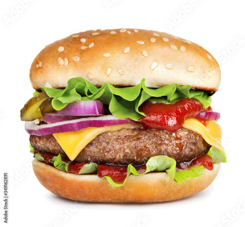 fresh hamburger with cheese isolated on white background