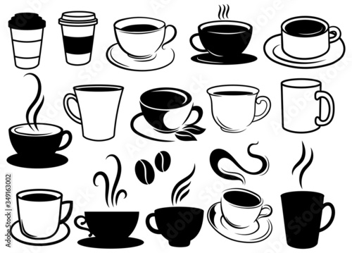 Set of cups of coffee. Collection of stylized coffee cups or tea. Logotype for coffee shops. Vector illustration of hot drinks. 