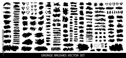Big collection of black paint, ink brush strokes, brushes, lines, grungy. Dirty artistic design elements, boxes, frames. Isolated on white background. Freehand drawing. Vector illustration. 