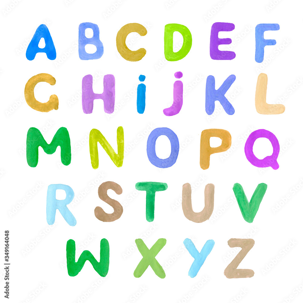 Fototapeta premium English alphabet hand-drawn colored. Children's illustration. Funny, cartoony, cute. Print, textile, paper, background. Seamless pattern. Letters of different colors. 