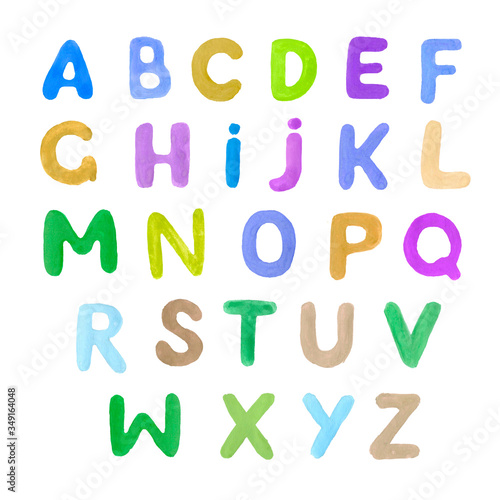 English alphabet hand-drawn colored. Children's illustration. Funny, cartoony, cute. Print, textile, paper, background. Seamless pattern. Letters of different colors.

