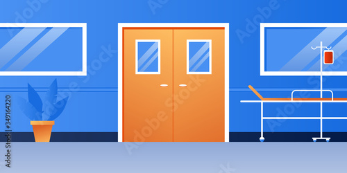 Empty hospital corridor. Health care clinic interior with medical equipment. Intensive therapy ward. No people room banner. Flat vector illustration.