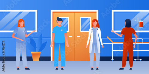 Hospital corridor. Health care clinic interior with equipment. Intensive therapy ward. For horizontal banner. Flat vector illustration. Doctors and nurses talking. Medical staff team