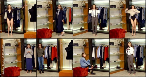 pretty woman is putting on different clothes in dressing room, fashion and stylish outfits, collage shot