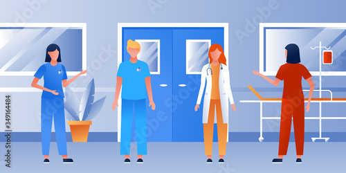 Hospital corridor. Health care clinic interior with equipment. Intensive therapy ward. For horizontal banner. Flat vector illustration. Doctors and nurses talking. Medical staff team