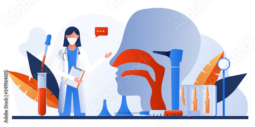 Otolaryngology tools. Ear doctor. Vector illustration. Nasopharynx and sinuses. Deaf awareness. Medical check up patient ear, nose and throat. Ear specula, otoscope, reflector, pharmacy banner.