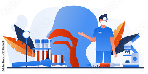 Otolaryngology tools. Ear doctor. Vector illustration. Nasopharynx and sinuses. Deaf awareness. Medical check up patient ear, nose and throat. Ear specula, otoscope, reflector, pharmacy banner.