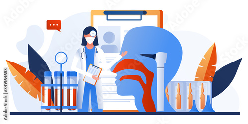 Otolaryngology tools. Ear doctor. Vector illustration. Nasopharynx and sinuses. Deaf awareness. Medical check up patient ear, nose and throat. Ear specula, otoscope, reflector, pharmacy banner.