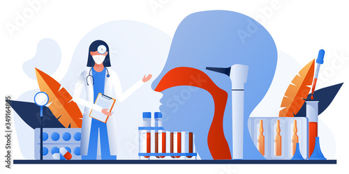 Otolaryngology tools. Ear doctor. Vector illustration. Nasopharynx and sinuses. Deaf awareness. Medical check up patient ear, nose and throat. Ear specula, otoscope, reflector, pharmacy banner.