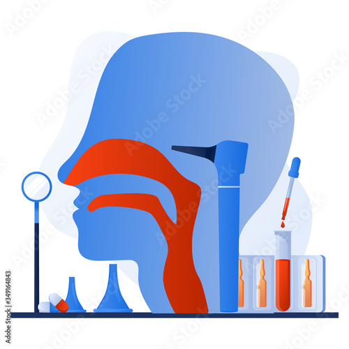 Otolaryngology tools. Ear doctor. Vector illustration. Nasopharynx and sinuses. Deaf awareness. Medical check up patient ear, nose and throat. Ear specula, otoscope, reflector, pharmacy banner.