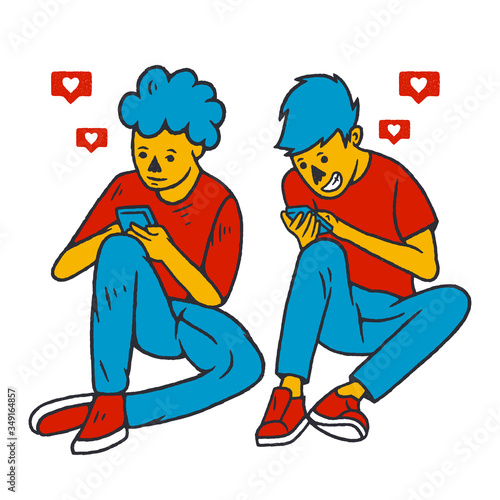 Social Addiction Vector illustration. People use smartphones to communicate.  Concept social addiction and smartphone addiction on white background isolated. Stock Vector Illustration.