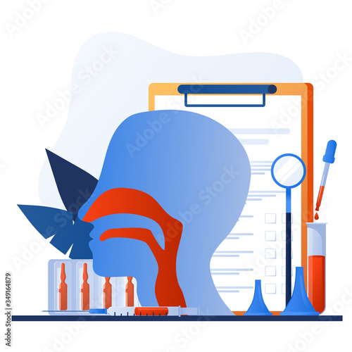 Otolaryngology tools. Ear doctor. Vector illustration. Nasopharynx and sinuses. Deaf awareness. Medical check up patient ear, nose and throat. Ear specula, otoscope, reflector, pharmacy banner.