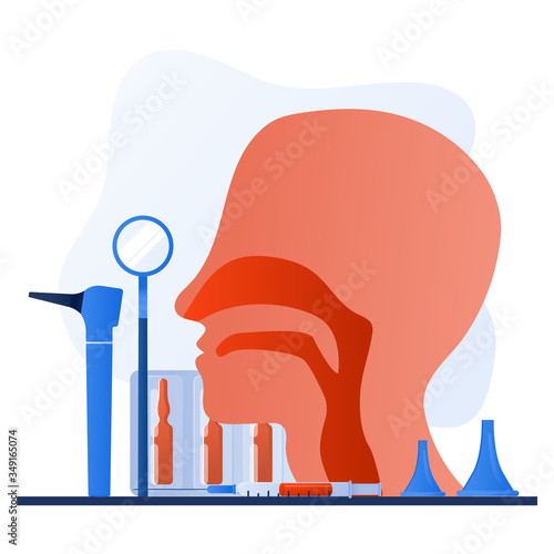 Otolaryngology tools. Ear doctor. Vector illustration. Nasopharynx and sinuses. Deaf awareness. Medical check up patient ear, nose and throat. Ear specula, otoscope, reflector, pharmacy banner.