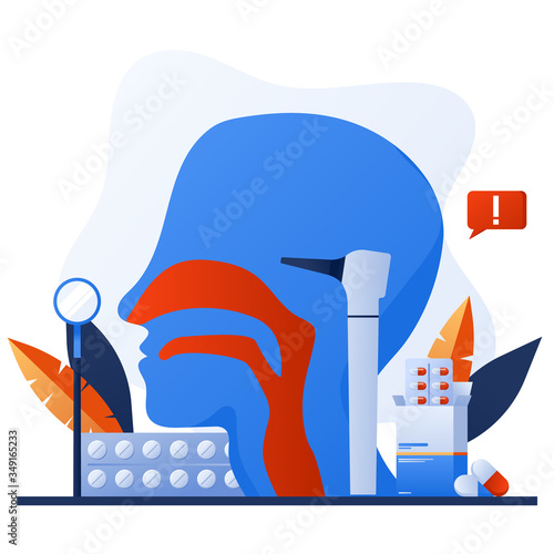Otolaryngology tools. Ear doctor. Vector illustration. Nasopharynx and sinuses. Deaf awareness. Medical check up patient ear, nose and throat. Ear specula, otoscope, reflector, pharmacy banner.