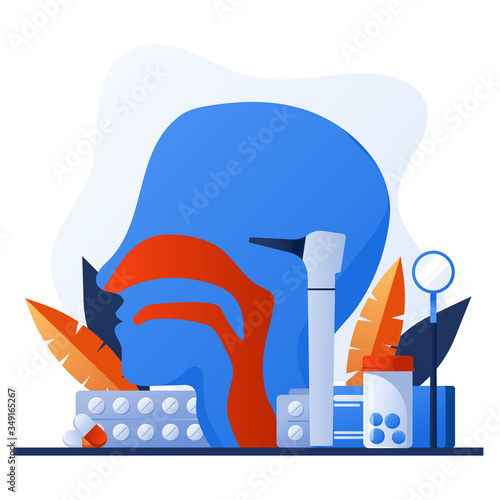 Otolaryngology tools. Ear doctor. Vector illustration. Nasopharynx and sinuses. Deaf awareness. Medical check up patient ear, nose and throat. Ear specula, otoscope, reflector, pharmacy banner.