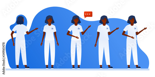 Set of feamle doctor or nurse talking. Medical staff team in uniform. Flat vector illustration. Healthcare, telemedicine. Students, interns. Therapist, infection disease physician, gynecologist.