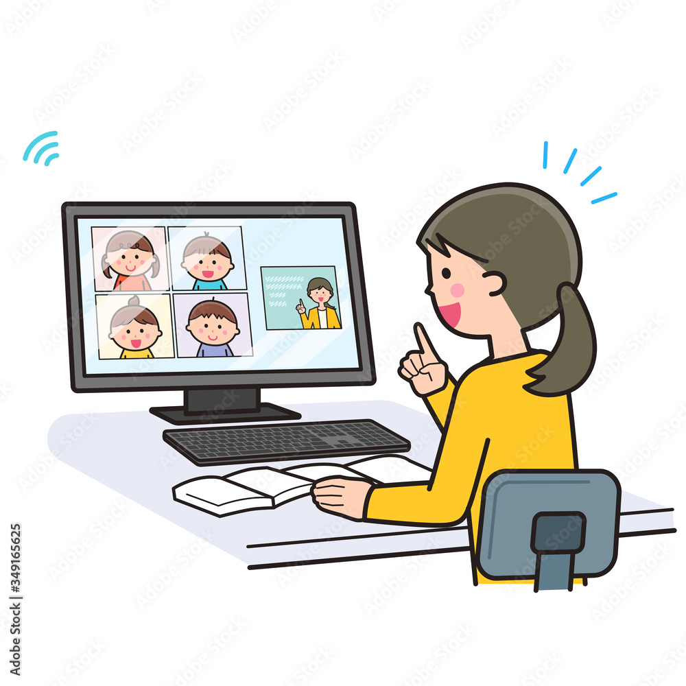 Teacher teaching online using a desktop computer Teacher teaching online using a desktop computer