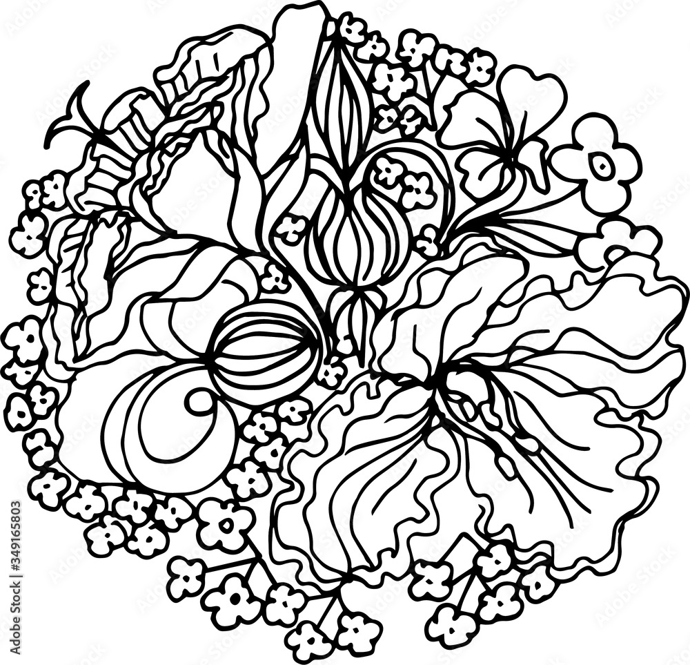Fototapeta premium Doodle twigs flowers small elements, abstraction, stylization, flower arrangements Hand-drawn illustration. print, textiles, graphics, ink. 
