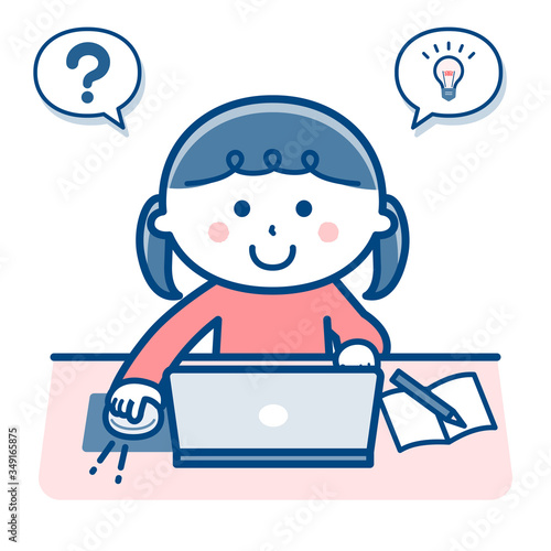 Girl studying with a computer / Two colors