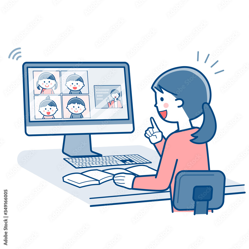 Teacher teaching online using a computer / Two colors Teacher teaching online using a computer / Two colors