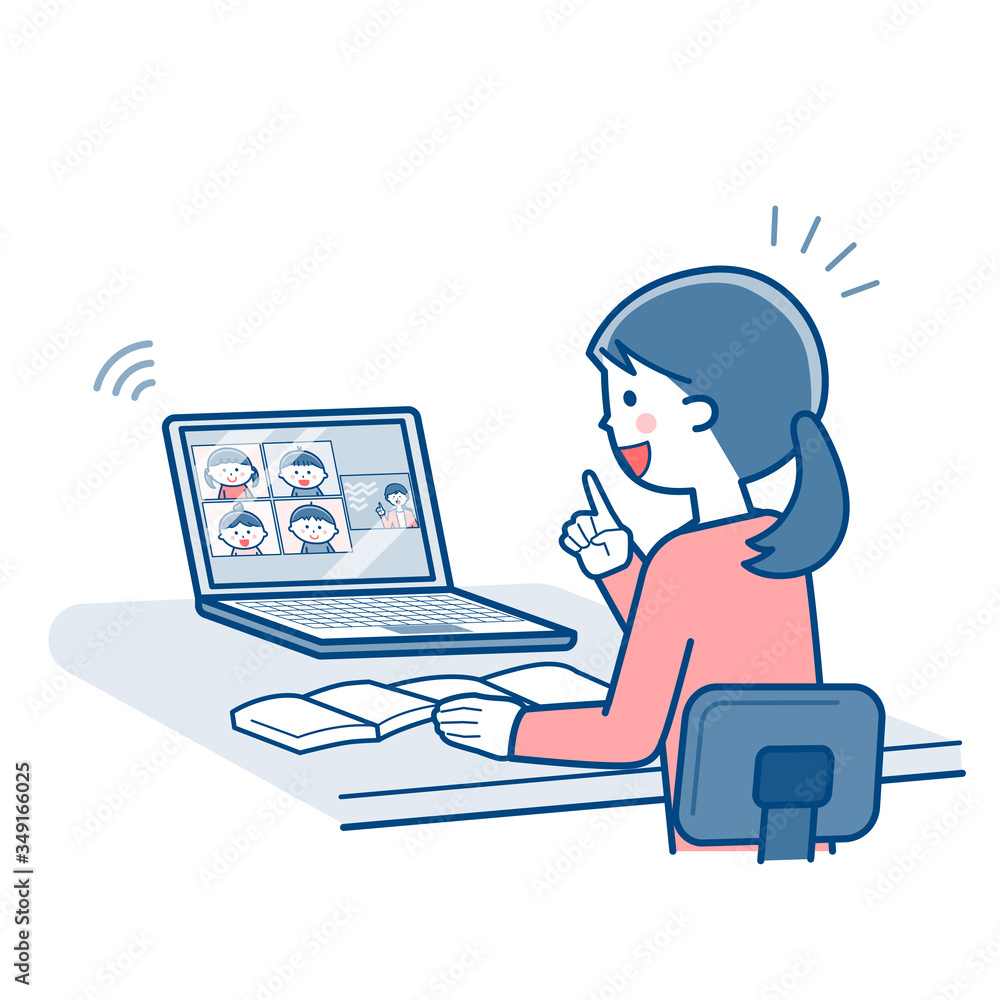 Teacher teaching online using a laptop computer / Two colors Teacher teaching online using a laptop computer / Two colors