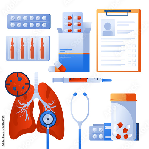 Pulmonology of human lung. For website, banner. Fibrosis, tuberculosis, pneumonia, cancer, virus, lung diagnosis doctors treat, scan lungs. Stethoscope, pharmacy, drugs. Coronavirus, COVID-19.