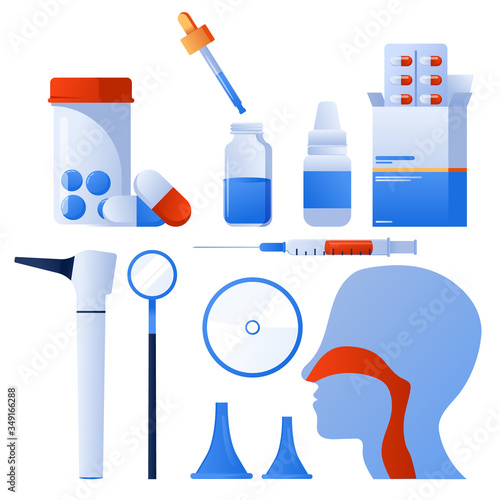 Otolaryngology tools. Ear doctor. Vector illustration. Nasopharynx and sinuses. Deaf awareness. Medical check up patient ear, nose and throat. Ear specula, otoscope, reflector, pharmacy banner.