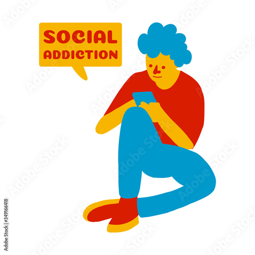 Man uses a smartphone to communicate. Concept social addiction and smartphone addiction on white background isolated. Stock Vector Illustration.