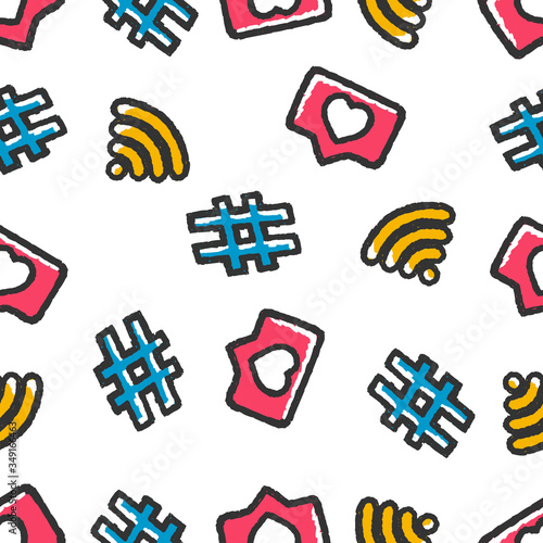 Web Icons Seamless Pattern. Social Media Signs Seamless Pattern. Web Icons Hand Drawn Seamless Pattern on white background isolated. Stock Vector Illustration. Cartoon style. 