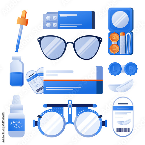 Optical eyes test. Medicine, optical eyesight examination. Ophthalmology medical concept with glasses, eye examination chart, eye drop. Contact lens with case solution. Accessory for correct vision