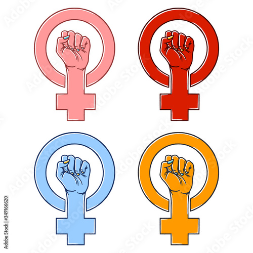 Symbol of the Feminist Movement Set. Woman Hand with her fist raised up. Girl Power Sign Set on white background isolated. Stock Vector Illustration.