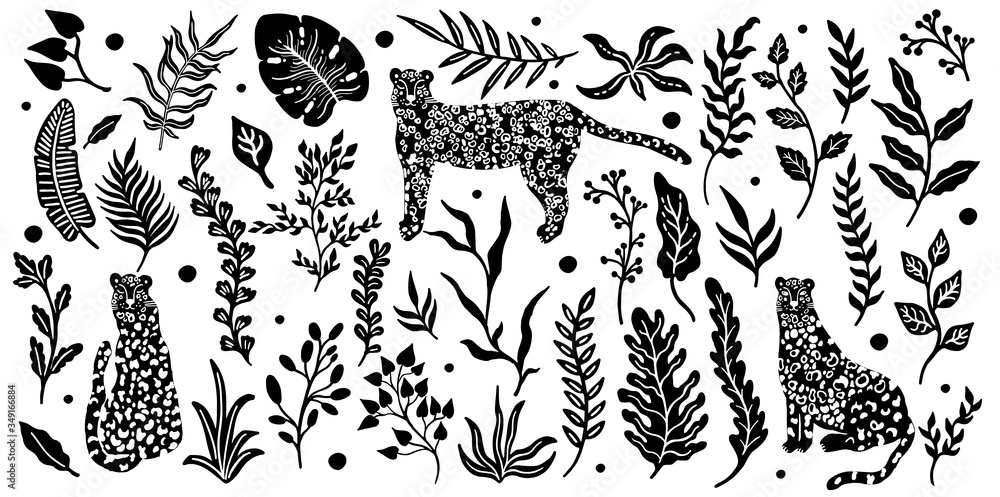 Naklejka premium Leopard animal seamless pattern. Tropical plant leaves background.
